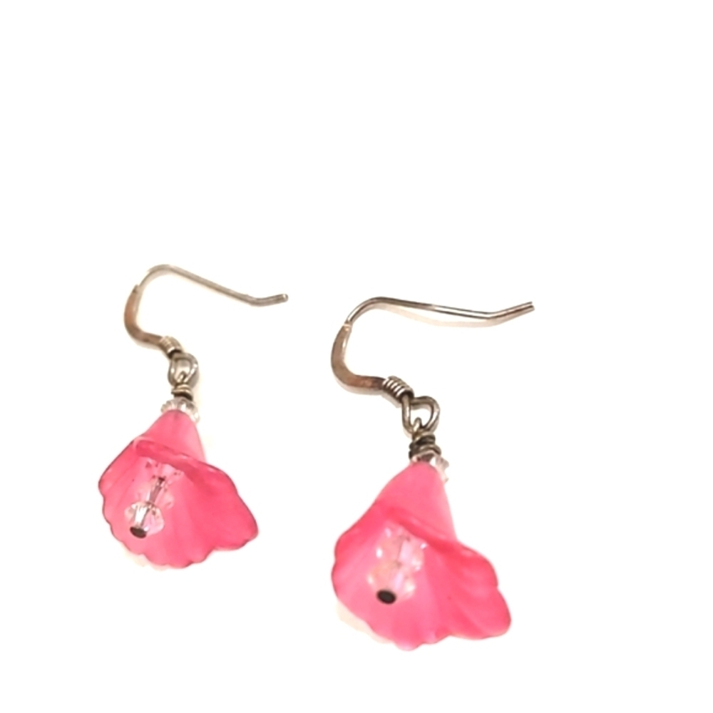 VINTAGE STERLING SILVER PINK FLORAL CRYSTAL DROP DANGLE 1" HOOK EARRINGS